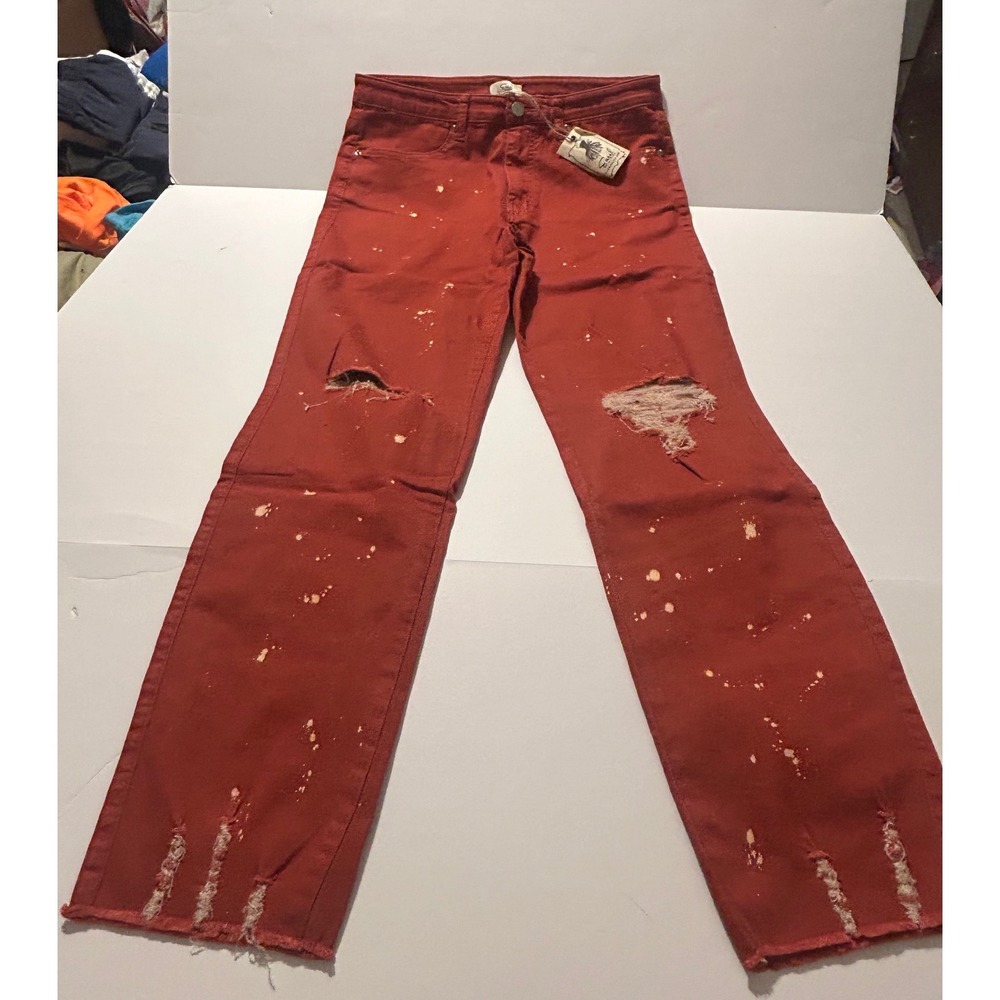 Easel Los Angeles Red Distressed Bleach Splatter Straight Leg Jeans Womens L